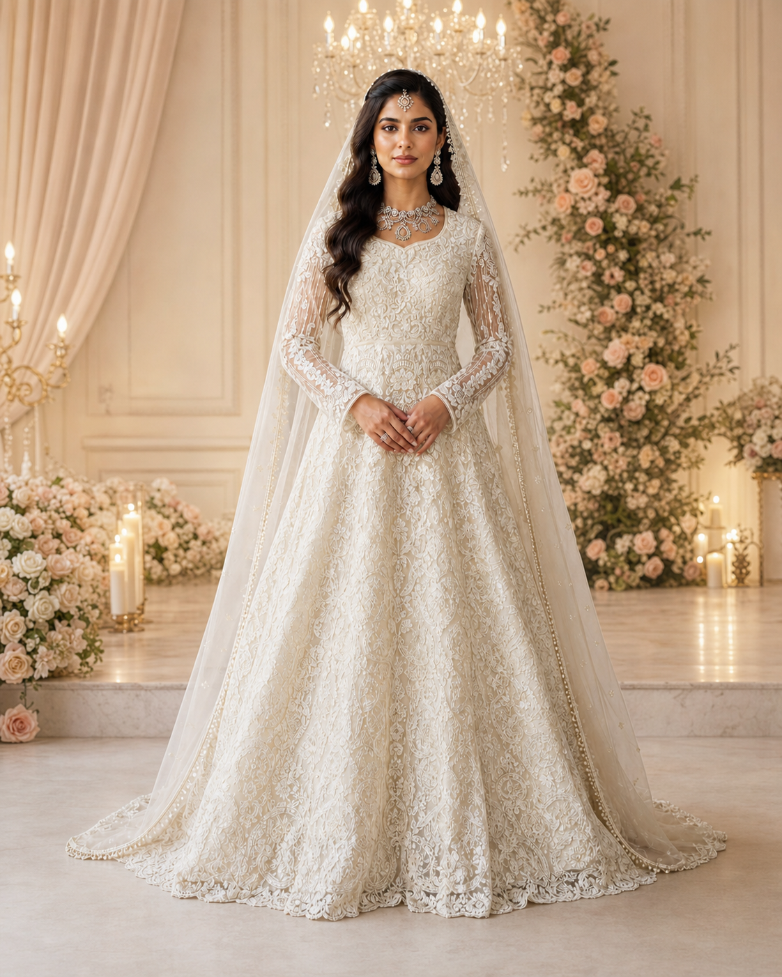 A centered bridal portrait of a model wearing an ivory embroidered Dulhan outfit and veil, with her face visible
