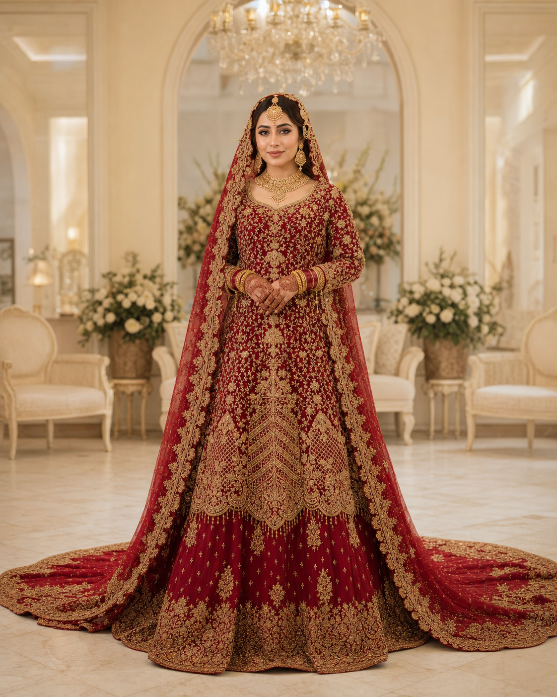 A centered bridal portrait of a model wearing a deep ruby and gold embroidered Dulhan outfit, with her face visible